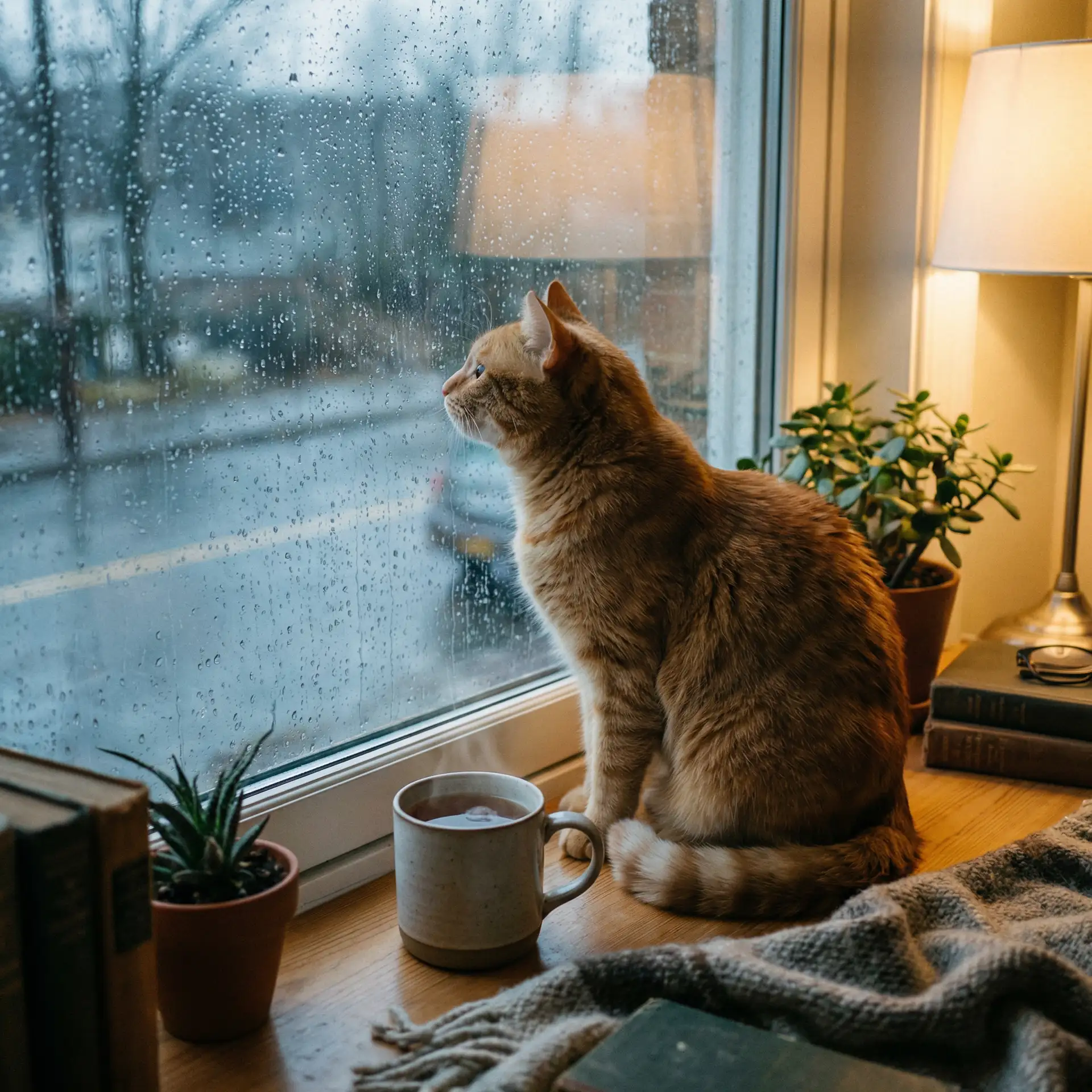 猫咪望着窗外的雨 - 失落小站